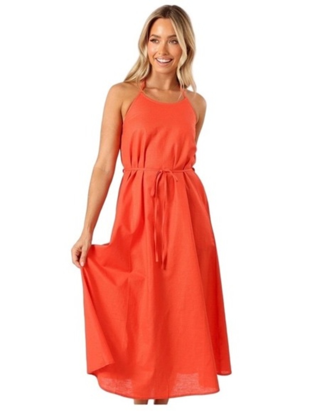 Petal & Pup Coral Halter Maxi Dress with Tie Waist